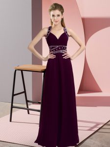 Dark Purple Chiffon Backless Straps Sleeveless Floor Length Prom Dress Beading