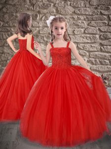 Straps Sleeveless Tulle Girls Pageant Dresses Beading and Appliques Sweep Train Lace Up