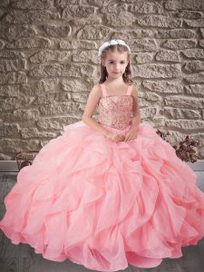 Watermelon Red Sleeveless Organza Lace Up Little Girls Pageant Gowns for Wedding Party