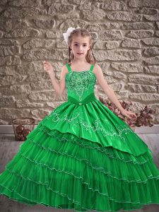 Green Organza Lace Up Straps Sleeveless Floor Length Pageant Gowns For Girls Embroidery and Ruffled Layers