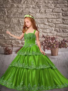 Lace Up Pageant Gowns For Girls Green for Wedding Party with Appliques and Ruffled Layers Brush Train