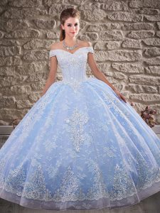 Sleeveless Tulle and Lace Brush Train Lace Up 15th Birthday Dress in Blue with Beading and Appliques