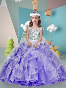 Sleeveless Tulle Floor Length Zipper Girls Pageant Dresses in Lavender with Beading and Ruffles