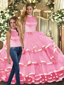 Pink Backless Sweet 16 Quinceanera Dress Ruffled Layers Sleeveless Floor Length