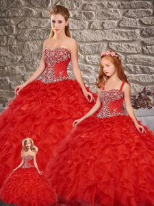 Chic Sleeveless Beading and Ruffles Lace Up 15th Birthday Dress with Red Brush Train