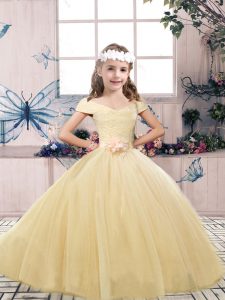 Sleeveless Tulle Floor Length Lace Up Kids Formal Wear in Champagne with Lace and Belt