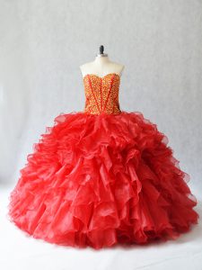 Red Lace Up Sweet 16 Quinceanera Dress Beading and Ruffles Sleeveless Floor Length