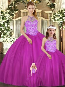 Designer Fuchsia Ball Gowns Tulle Halter Top Sleeveless Beading Floor Length Lace Up Quinceanera Dresses