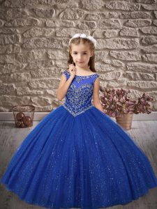 Floor Length Royal Blue Little Girls Pageant Gowns Tulle Sleeveless Beading