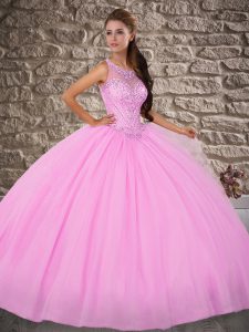 Rose Pink Tulle Backless Ball Gown Prom Dress Sleeveless Brush Train Beading