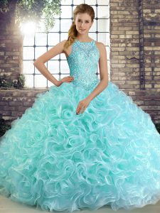 Glamorous Floor Length Ball Gowns Sleeveless Aqua Blue Quinceanera Dresses Lace Up