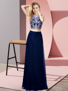 Stunning Blue Two Pieces Scoop Sleeveless Chiffon Floor Length Backless Beading Prom Party Dress