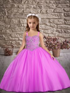 Modern Lilac Tulle Lace Up Straps Sleeveless Little Girls Pageant Dress Sweep Train Beading