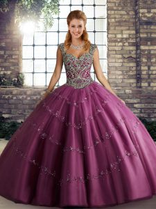 Beauteous Ball Gowns Sweet 16 Dresses Fuchsia Straps Tulle Sleeveless Floor Length Lace Up