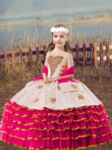 Ball Gowns Girls Pageant Dresses Fuchsia Straps Organza Sleeveless Floor Length Lace Up