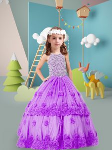Wonderful Lavender Zipper Scoop Beading and Hand Made Flower High School Pageant Dress Tulle Sleeveless