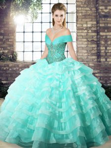 Apple Green Ball Gowns Off The Shoulder Sleeveless Organza Brush Train Lace Up Beading and Ruffled Layers Sweet 16 Dress