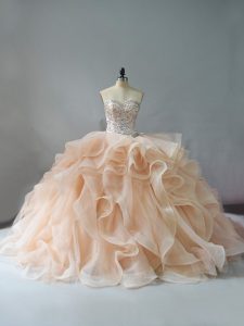 Champagne and Pink And White Sleeveless Brush Train Beading and Ruffles Quince Ball Gowns