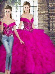 Excellent Fuchsia Off The Shoulder Lace Up Beading and Ruffles Sweet 16 Dresses Sleeveless