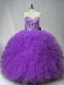 Exquisite Purple Ball Gowns Beading and Ruffles Quince Ball Gowns Lace Up Tulle Sleeveless Floor Length