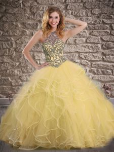 Yellow Vestidos de Quinceanera Halter Top Sleeveless Brush Train Lace Up