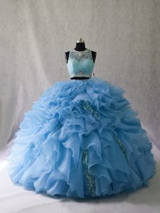 Blue Two Pieces Beading and Ruffles Quince Ball Gowns Zipper Organza Sleeveless