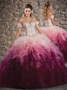 Sleeveless Beading and Ruffles Lace Up 15th Birthday Dress with Multi-color Brush Train