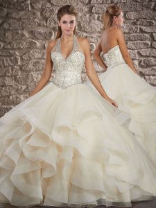 Fashionable Champagne Sleeveless Beading and Ruffles Lace Up Quinceanera Dresses