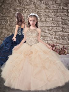 Champagne Sleeveless Tulle Sweep Train Lace Up Pageant Dress for Teens for Wedding Party