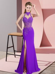 Floor Length Purple Party Dress for Girls Halter Top Sleeveless Backless
