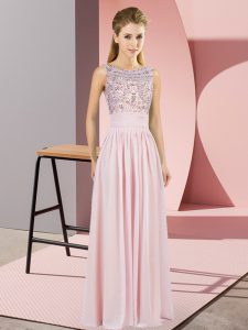 Sumptuous Pink Chiffon Backless Scoop Sleeveless Floor Length Prom Dresses Beading