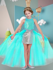 Scoop Sleeveless Pageant Gowns High Low Beading and Sequins Aqua Blue Tulle