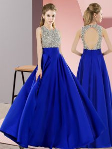Royal Blue Empire Scoop Sleeveless Elastic Woven Satin Floor Length Backless Beading Dress for Prom
