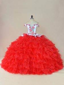 Fantastic White And Red Ball Gowns Off The Shoulder Sleeveless Organza Brush Train Lace Up Embroidery and Ruffles Vestid