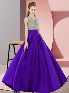 Purple Elastic Woven Satin Backless Homecoming Gowns Sleeveless Floor Length Beading
