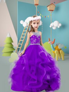Fantastic Purple Halter Top Zipper Beading and Ruffles Pageant Dress Toddler Sleeveless