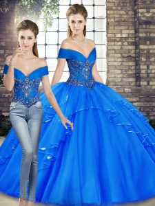 Delicate Tulle Off The Shoulder Sleeveless Lace Up Beading and Ruffles 15 Quinceanera Dress in Royal Blue