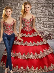 Custom Fit Wine Red Two Pieces Straps Sleeveless Satin Floor Length Lace Up Appliques and Ruffled Layers Quinceanera Dre