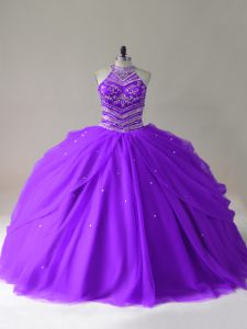 Purple Halter Top Lace Up Beading Quinceanera Gown Sleeveless