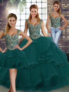 Beading and Ruffles Quince Ball Gowns Peacock Green Lace Up Sleeveless Floor Length
