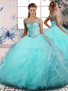 Edgy Beading and Ruffles Quince Ball Gowns Aqua Blue Lace Up Sleeveless Floor Length