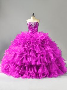 Dynamic Sleeveless Organza Floor Length Lace Up Quinceanera Gowns in Purple with Beading and Ruffles and Sequins