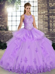 Sleeveless Floor Length Lace and Embroidery and Ruffles Lace Up Quinceanera Gown with Lavender