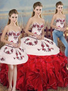 Perfect White And Red Sleeveless Embroidery and Ruffles and Bowknot Floor Length Sweet 16 Dresses