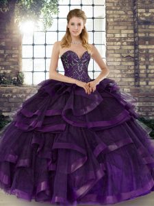 Tulle Sweetheart Sleeveless Lace Up Beading and Ruffles Quinceanera Dress in Purple