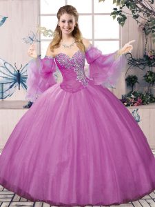 Fancy Lilac Tulle Lace Up Halter Top Sleeveless Floor Length Vestidos de Quinceanera Beading