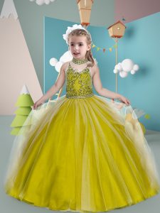 Perfect Tulle High-neck Sleeveless Zipper Beading Kids Formal Wear in Olive Green