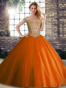 Designer Ball Gowns Sleeveless Orange Red Ball Gown Prom Dress Brush Train Lace Up
