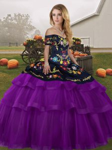 Flare Black And Purple Ball Gowns Embroidery and Ruffled Layers Sweet 16 Quinceanera Dress Lace Up Tulle Sleeveless