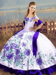 Satin and Organza Off The Shoulder Sleeveless Lace Up Embroidery and Ruffles Quinceanera Dress in White And Purple